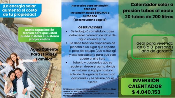 CALENTADOR SOLAR A PRESION TUBOS AL VACÍO 20 TUBOS DE 200 LITROS