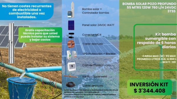 BOMBA SOLAR POZO PROFUNDO 55 METROS 120W 760L/H 24VDC 3TSS