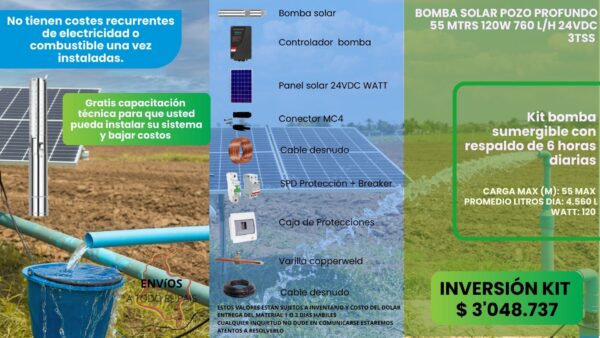 BOMBA SOLAR POZO PROFUNDO 55 METROS 120W 760L/H 24VDC 3TSS